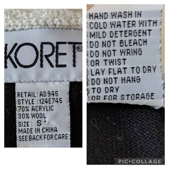 Vintage Koret Sweater Vest Size S Black Striped Crocheted Cursive Cottage Wool - Picture 7 of 7